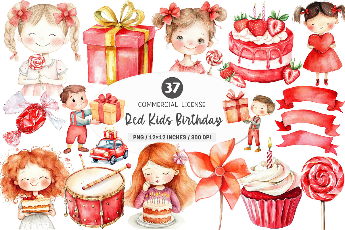 Red Kids Birthday Watercolor Clipart, an Illustration by SinaCreation (Photo 1 of 5)
