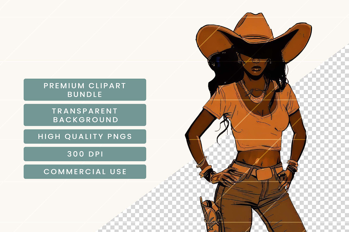 Black Cowgirl Clipart Bundle, a Person Illustration by BusyDaydesign (Photo 7 of 9)