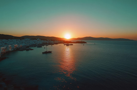 Sunset over Mykonos harbor captures, a Photo by Iftikhar Alam