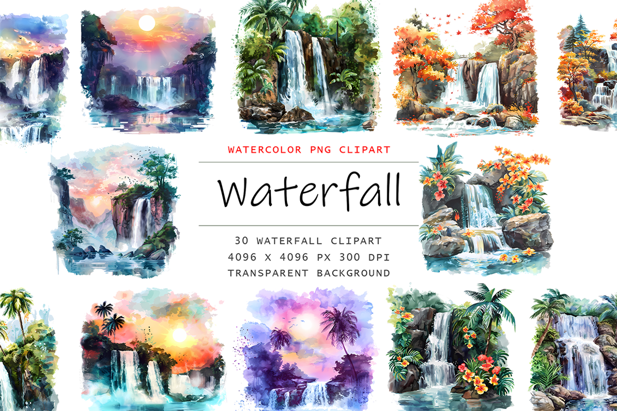 Watercolor Waterfalls Clipart, a Decorative Illustration by stickermadness (Photo 1 of 3)