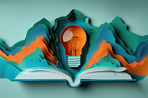 Open book with layered paper mountains and orange light bulb sym, a Background Photo by José Manuel Gelpi