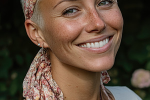 Smiling mature woman with floral headscarf in garden, a Person Photo by José Manuel Gelpi