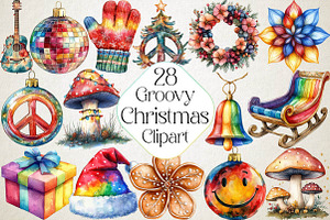 Watercolor Groovy Christmas Clipart, an Illustration by DreamPrint404