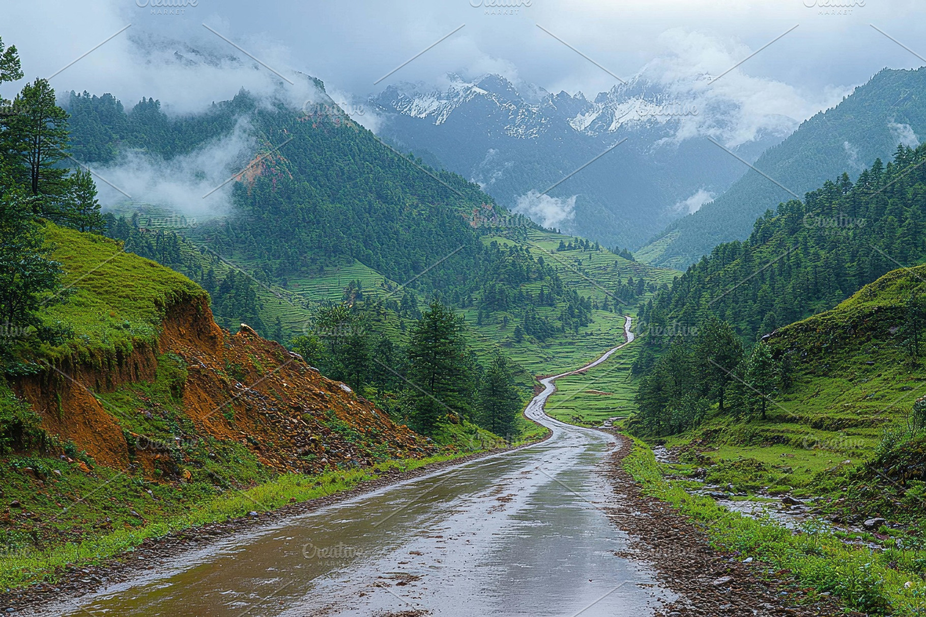 Lush green valley under cloudy skies, a Photo by Tanuart