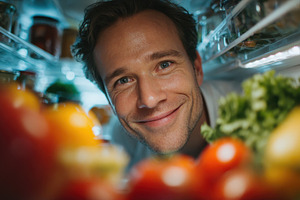 Man smiling inside refrigerator look, a Photo by Pixeness Studio
