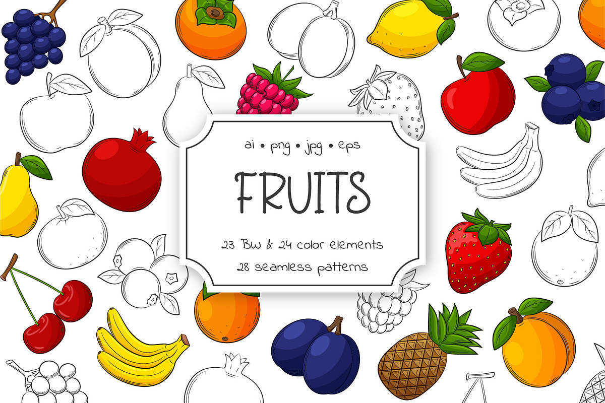 Bright fruits. Cliparts and Patterns, a Food Illustration by Valeria Soloveva (Photo 1 of 14)