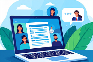 Laptop with speech bubbles above it, showing abstract profile ic, a Technology Illustration by DanFLCreativo