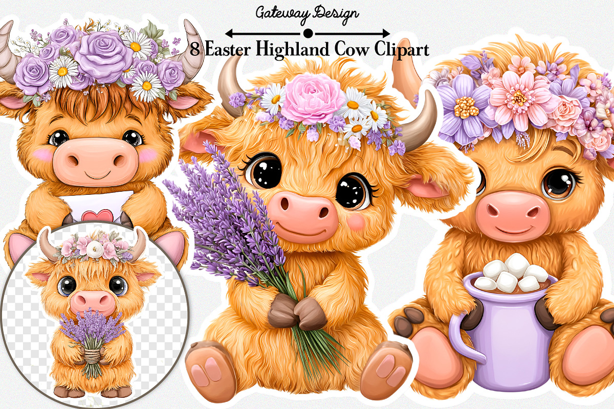 Easter Highland Cow Clipart Bundle, an Illustration by GatewayDesign (Photo 1 of 5)