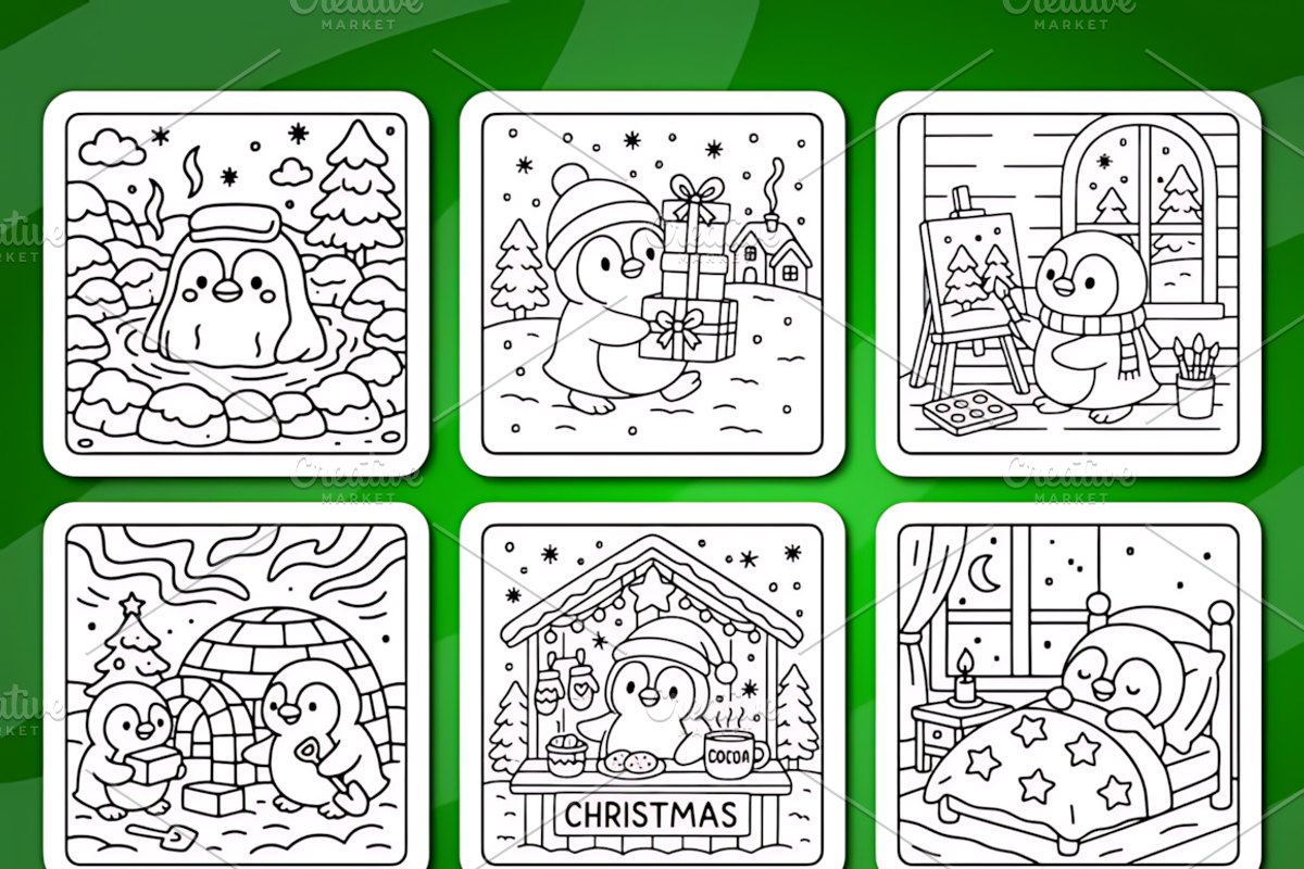 Winter Penguin Coloring Pages, a Seasonal Illustration by Coco Bloom (Photo 2 of 3)