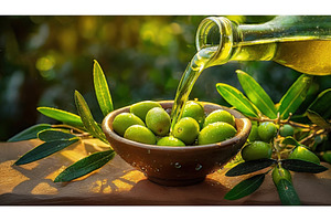 A rustic scene of fresh green olives, a Food & Drink Photo by Igor Tichonow