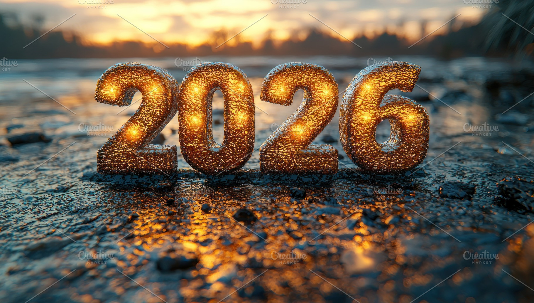 Glowing golden 2026 numbers on icy surface with sunset reflectio, a Background Photo by José Manuel Gelpi