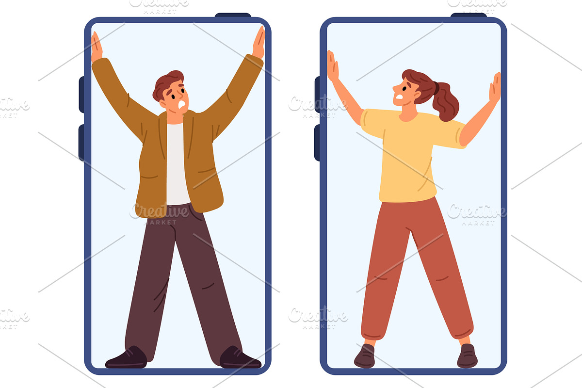 Man and woman trapped inside phone, a Technology Illustration by Vectorbuum