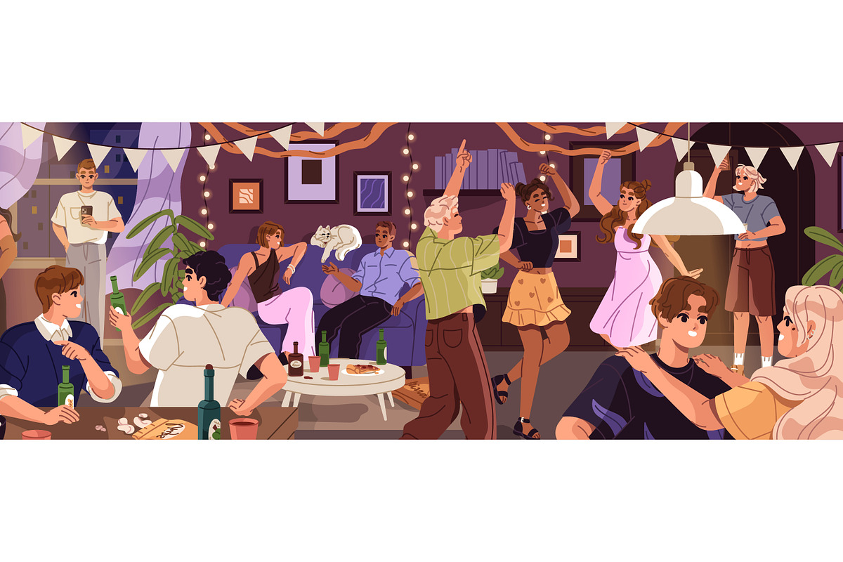 Happy friends at house party, a Person Illustration by PaperTrident (Photo 1 of 3)