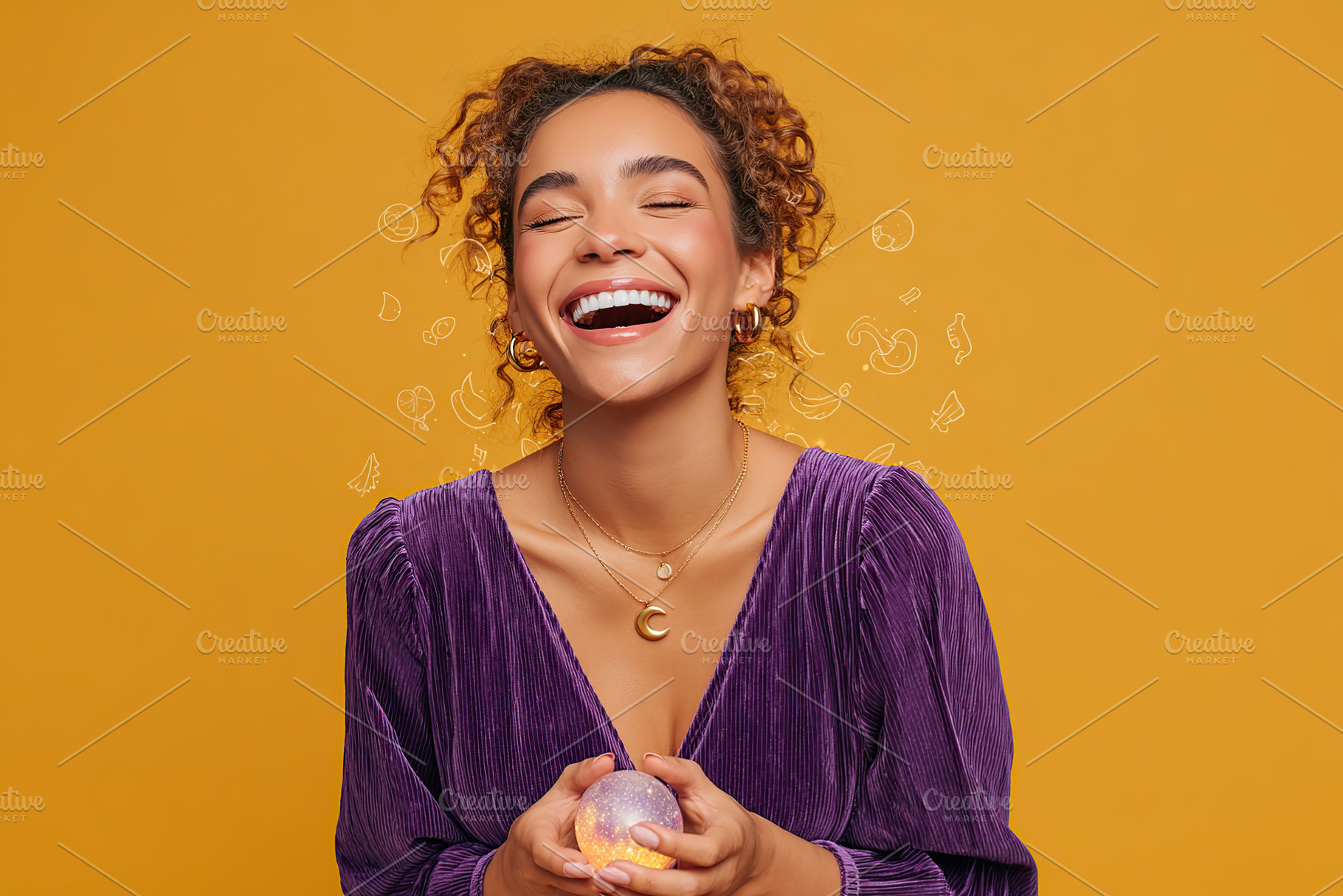 Joyful woman smiling brightly while holding a decorative ball against a vibrant, a Photo by AlyaAnd