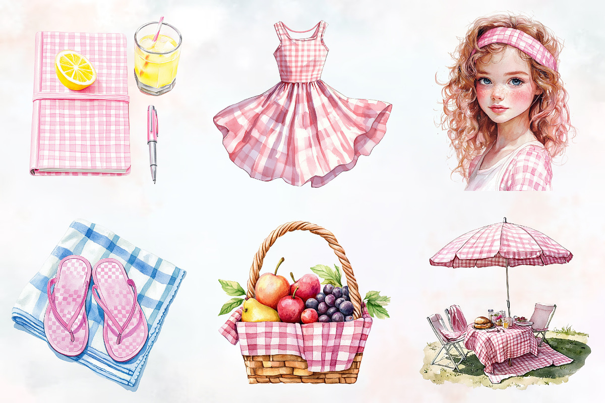 Pink Gingham Summer Clipart, an Illustration by RobertsArt (Photo 2 of 7)