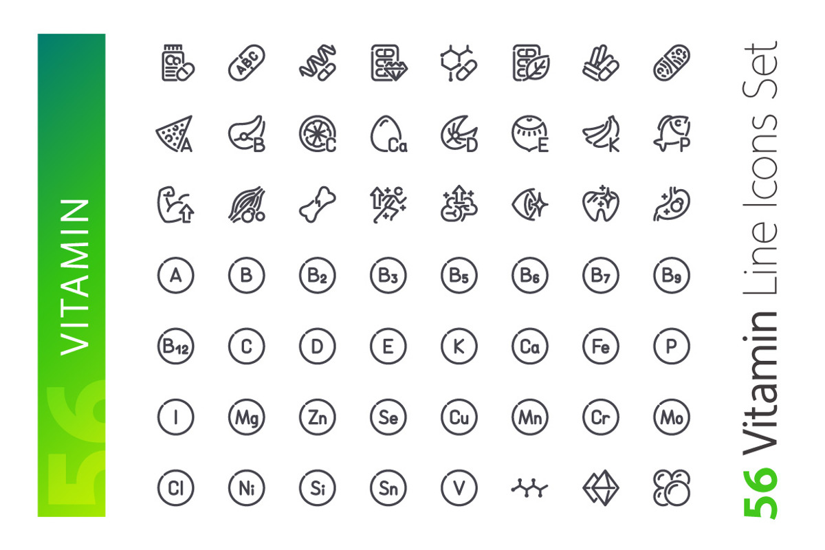 Vitamin Line Icons Set, an Outline Icon by Voysla's Shop (Photo 2 of 4)