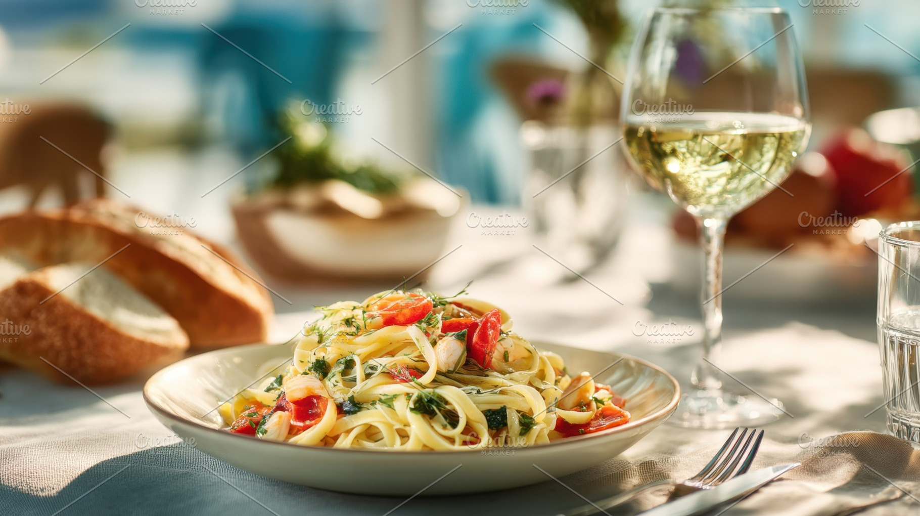 Lunch with pasta and white wine, a Photo by Beautiful things