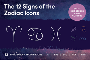 The 12 Signs of the Zodiac Symbols, an Outline Icon by Caroline Mackay
