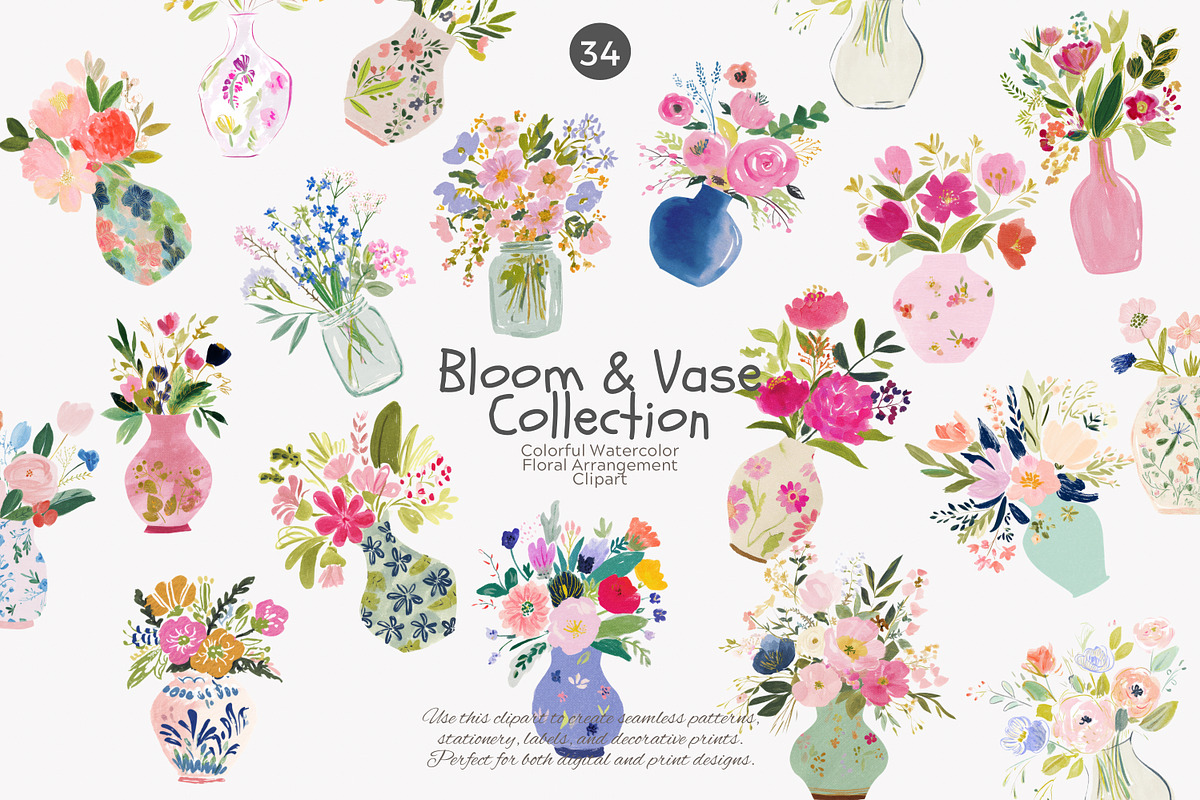 watercolor floral vase clipart set, a Decorative Illustration by Patishop Art (Photo 1 of 7)