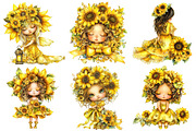 Whimsical Sunflowers Girls Clipart, a Seasonal Illustration by CitraGraphics (Thumbnail 2 of 6)