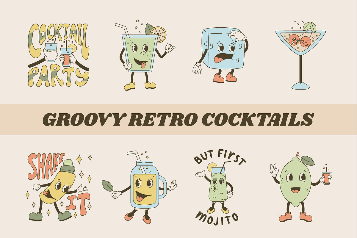 Groovy Retro Cocktails Sticker Set, a Food Illustration by EeKayStore