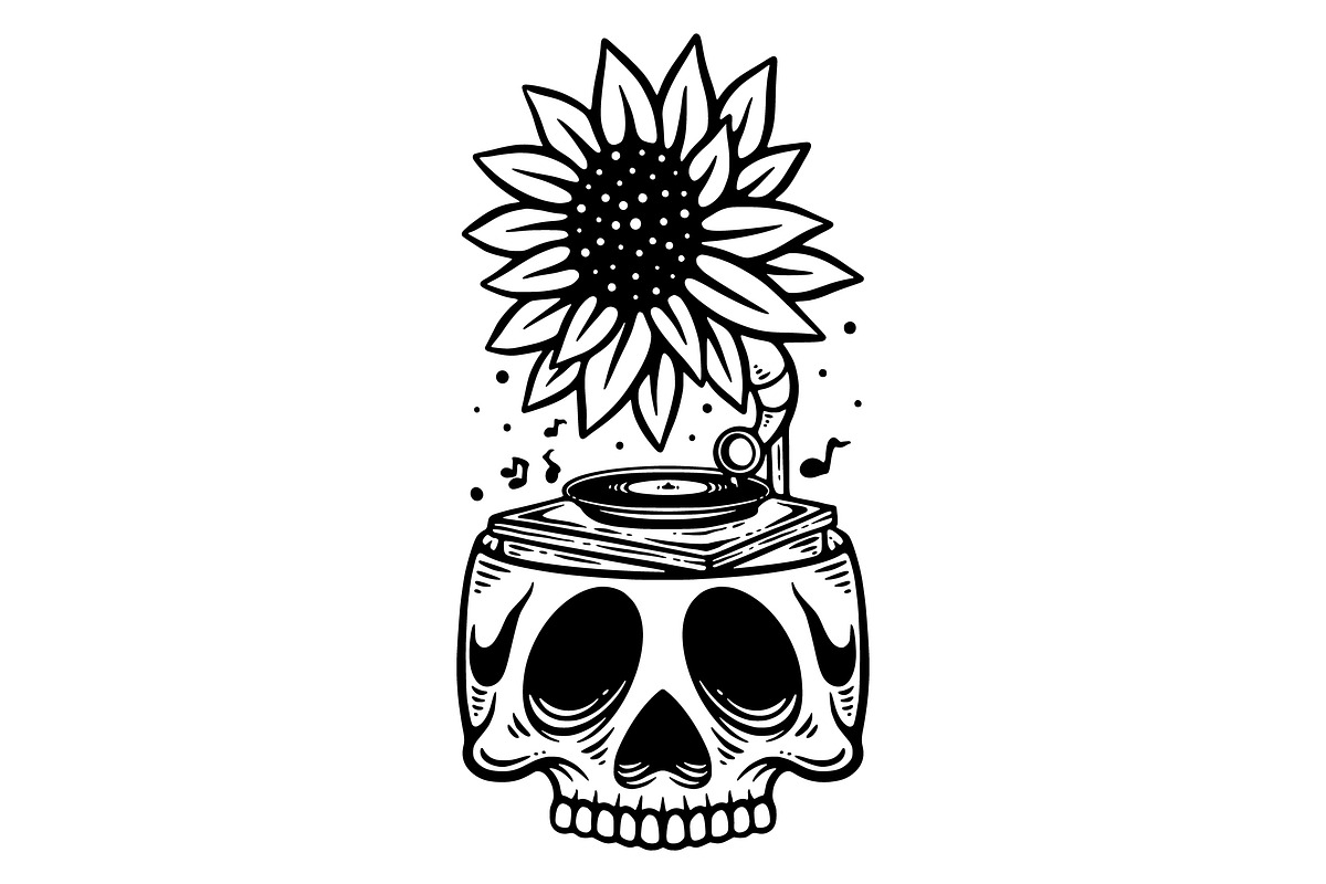 Sunflower Gramophone Skull Vector, an Object Illustration by Decoconio Design (Photo 2 of 3)
