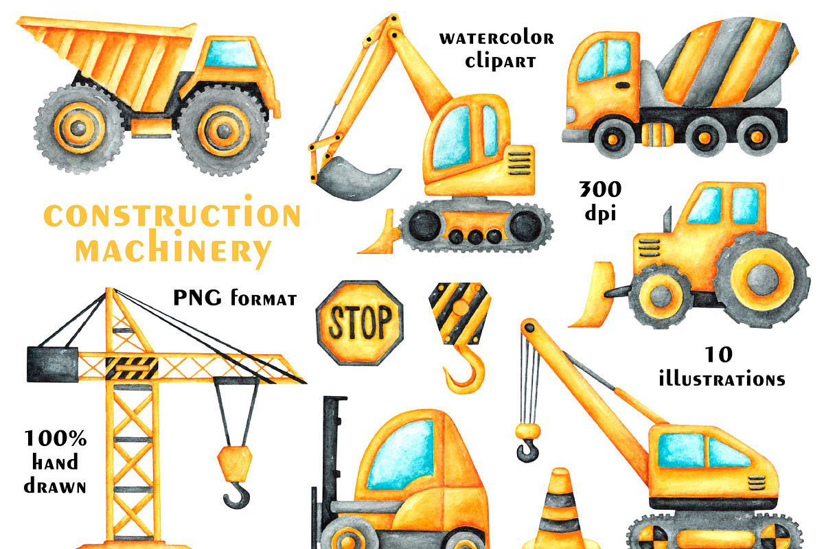 Construction vehicles watercolor set, a Transportation Illustration by SabinaWatercolorArt (Photo 2 of 20)