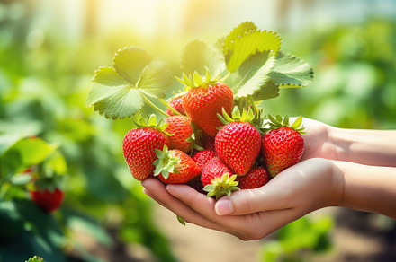 Female hands holding ripe strawberries in the garden, a Food & Drink Photo by AlyaAnd