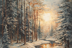 Watercolor Frozen River Forest