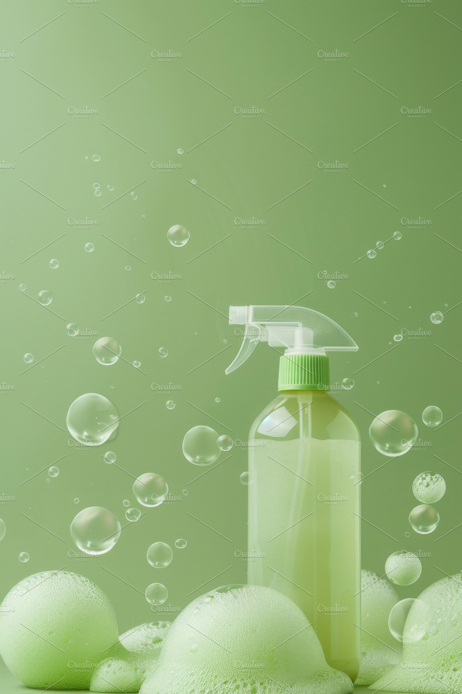 Spray bottle with green liquid and foam on green background, a Photo by Dvoevnore photos