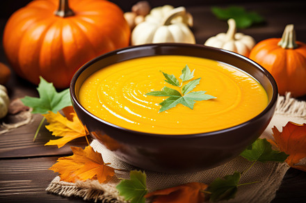 Pumpkin soup in plate with orange pumpkins and dry leaves on wooden background, a Food & Drink Photo by AlyaAnd