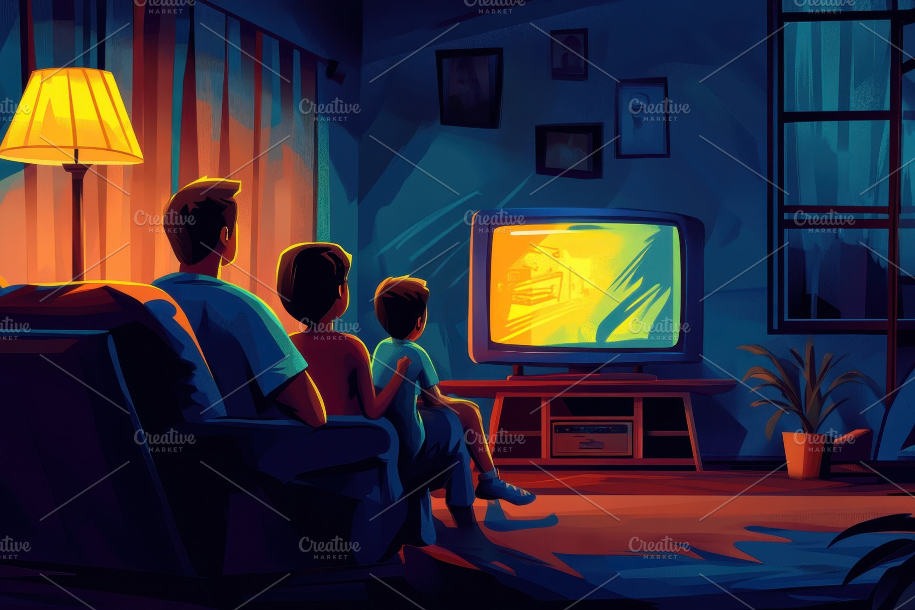 Father and two sons enjoy television, a Photo by Pavel_design