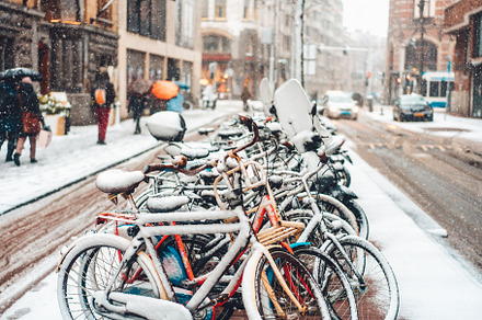 First snow of the year featuring amsterdam, architecture, and bicycle, an Abstract Photo by Tekso