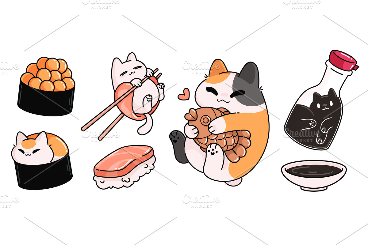 Kawaii sushi cats - cute kitten, an Animal Illustration by art PVP - market