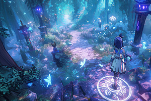 Enchanting forest with glowing elements and a character on a mystical journey, an Illustration by AS photostudio