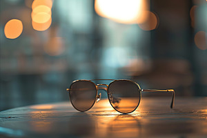 Modern sunglasses on table on blurred background, a Photo by AlyaAnd