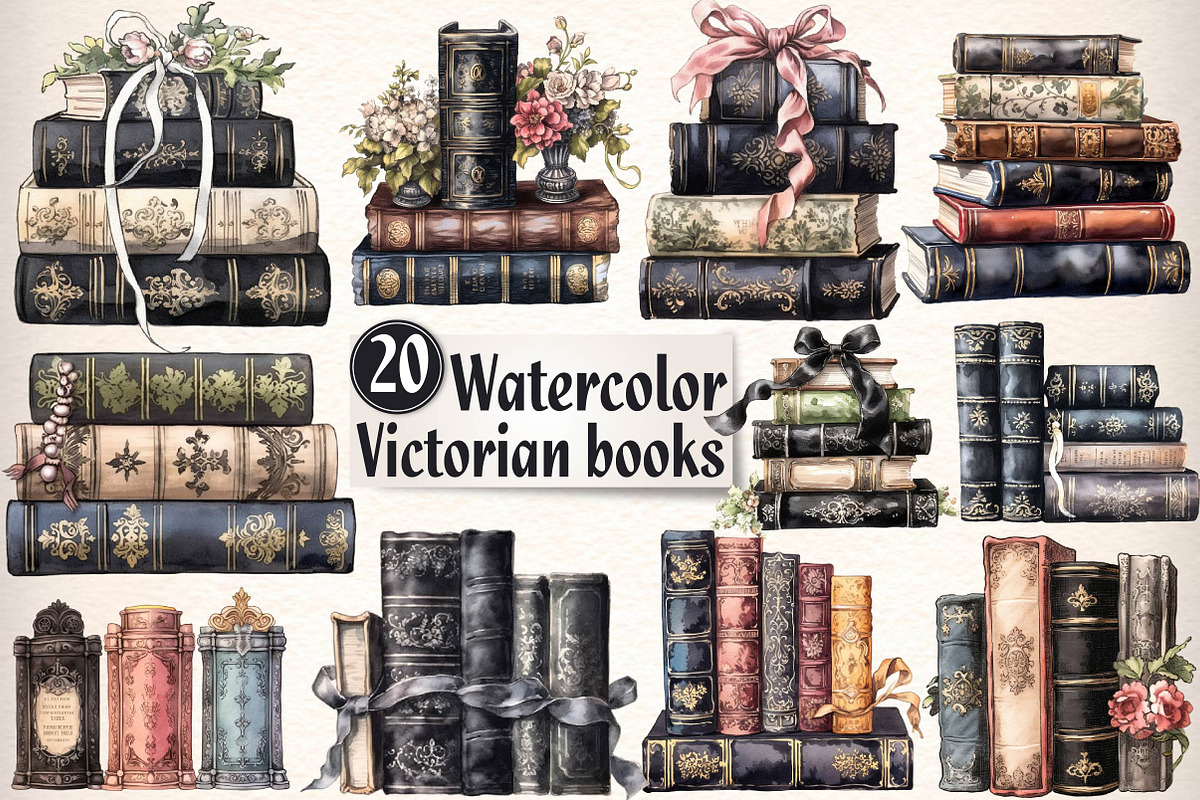 Watercolor Victorian books Clipart, an Illustration by CreationArt (Photo 1 of 5)