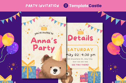 Birthday Party Canva Invitation, a Design Template by TemplateCastleStore