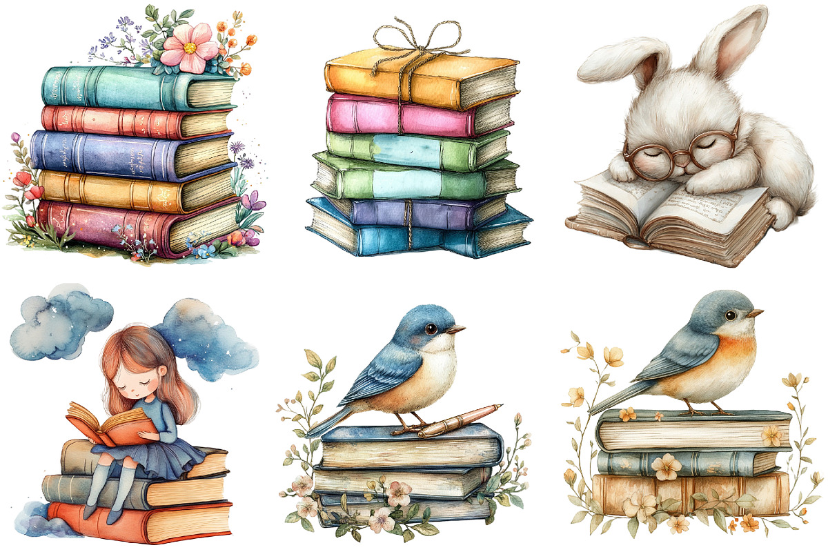 Reading Books Clipart, an Illustration by Watercolor design (Photo 2 of 4)