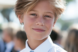 Young boy smiling with innocence, looking at camera in formal we, a Person Photo by Studio ANNA