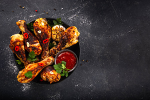 Grilled chicken legs with garlic, spices, parsley, bbq sauce and, a Food & Drink Photo by Rimma