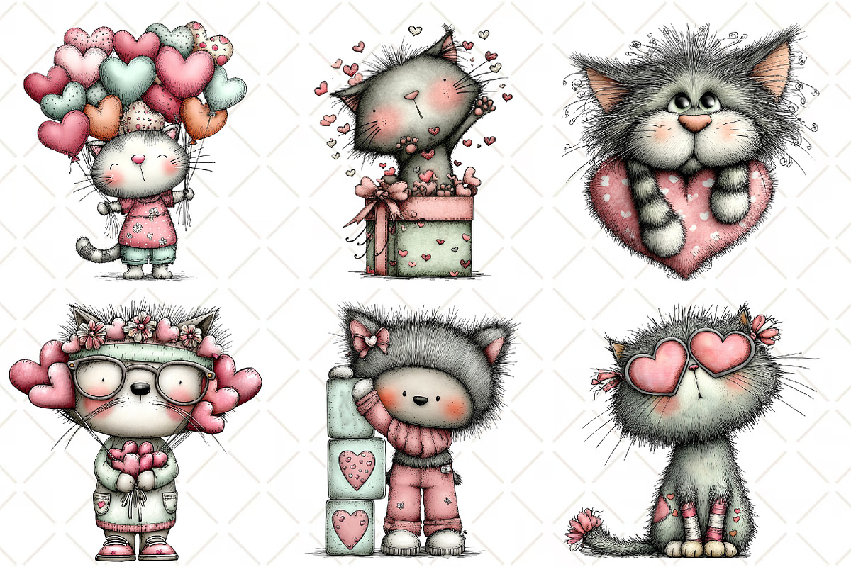 Quirky Valentine Cat Clipart Bundle, an Illustration by Black Bird Studio (Photo 5 of 6)