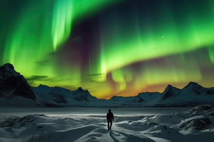 Aurora borealis, northern lights over snowy mountains in winter., a Photo by AS photostudio