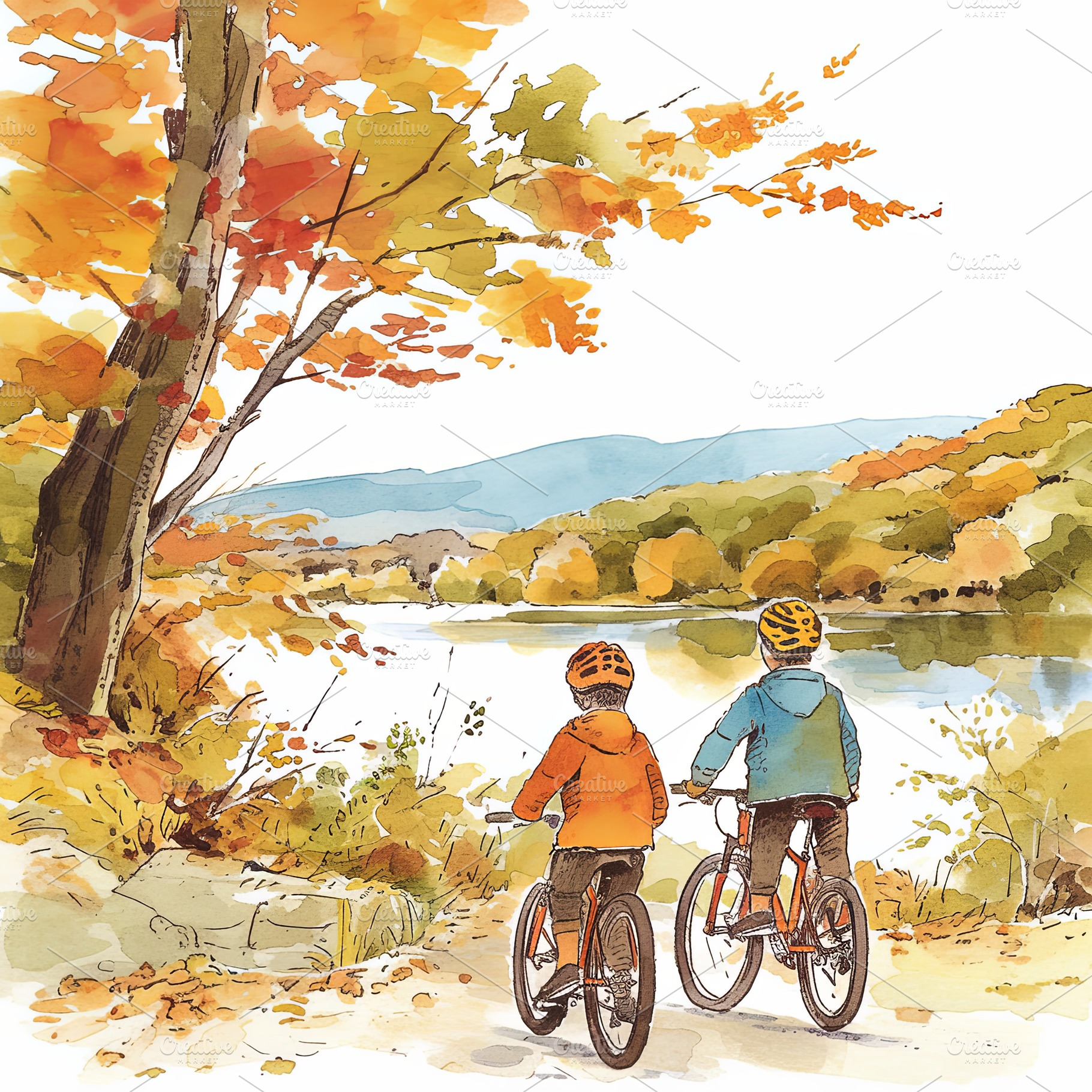 Two children enjoying a scenic lakeside bike ride during autumn season, a Photo by AS photostudio