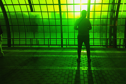 Futuristic citizen on greenish matrix platform, a Person Photo by RETROWAVE '88