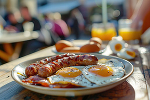 Tasty english breakfast with sausages, eggs, vegetables on the table, a Photo by AlyaAnd