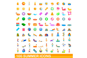 100 Summer Icons Set, Cartoon Style