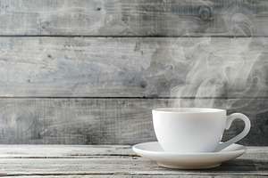 Cup of tea with steam on wooden table, a Food & Drink Photo by AlyaAnd