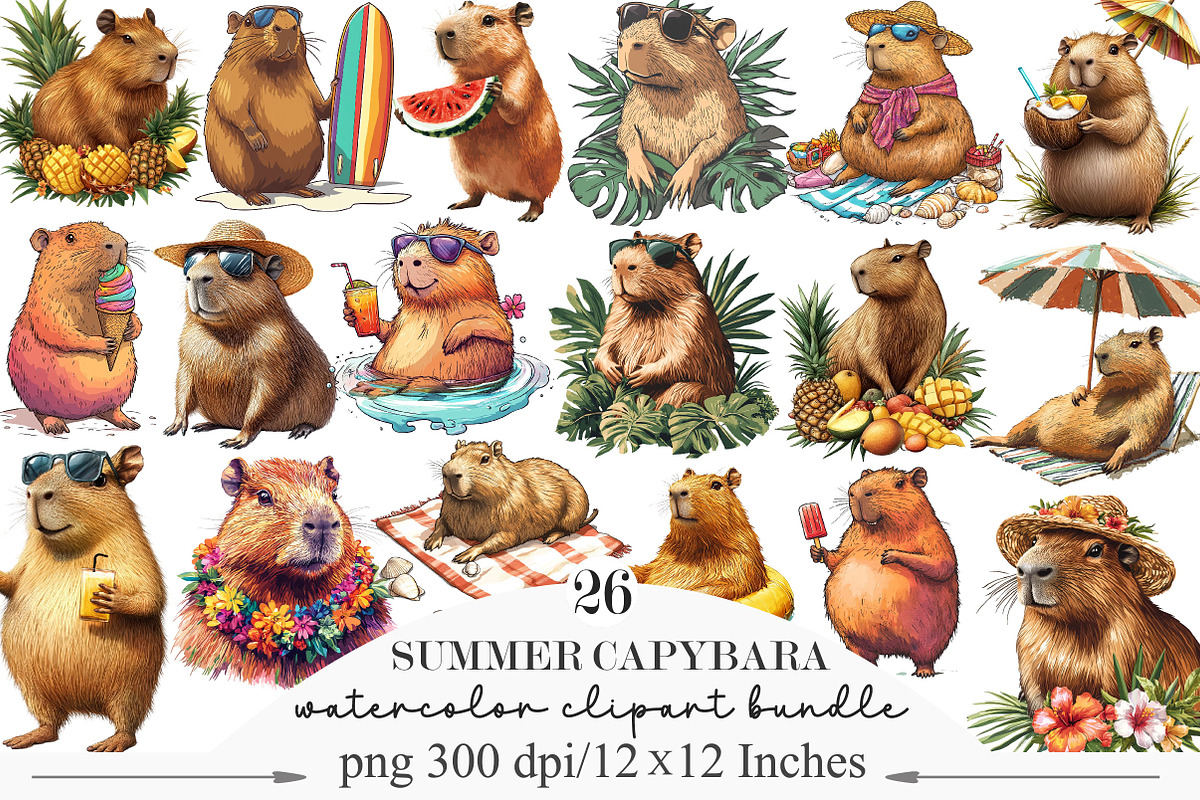 Summer Capybara Clipart Set PNG, an Illustration by Designking (Photo 1 of 5)