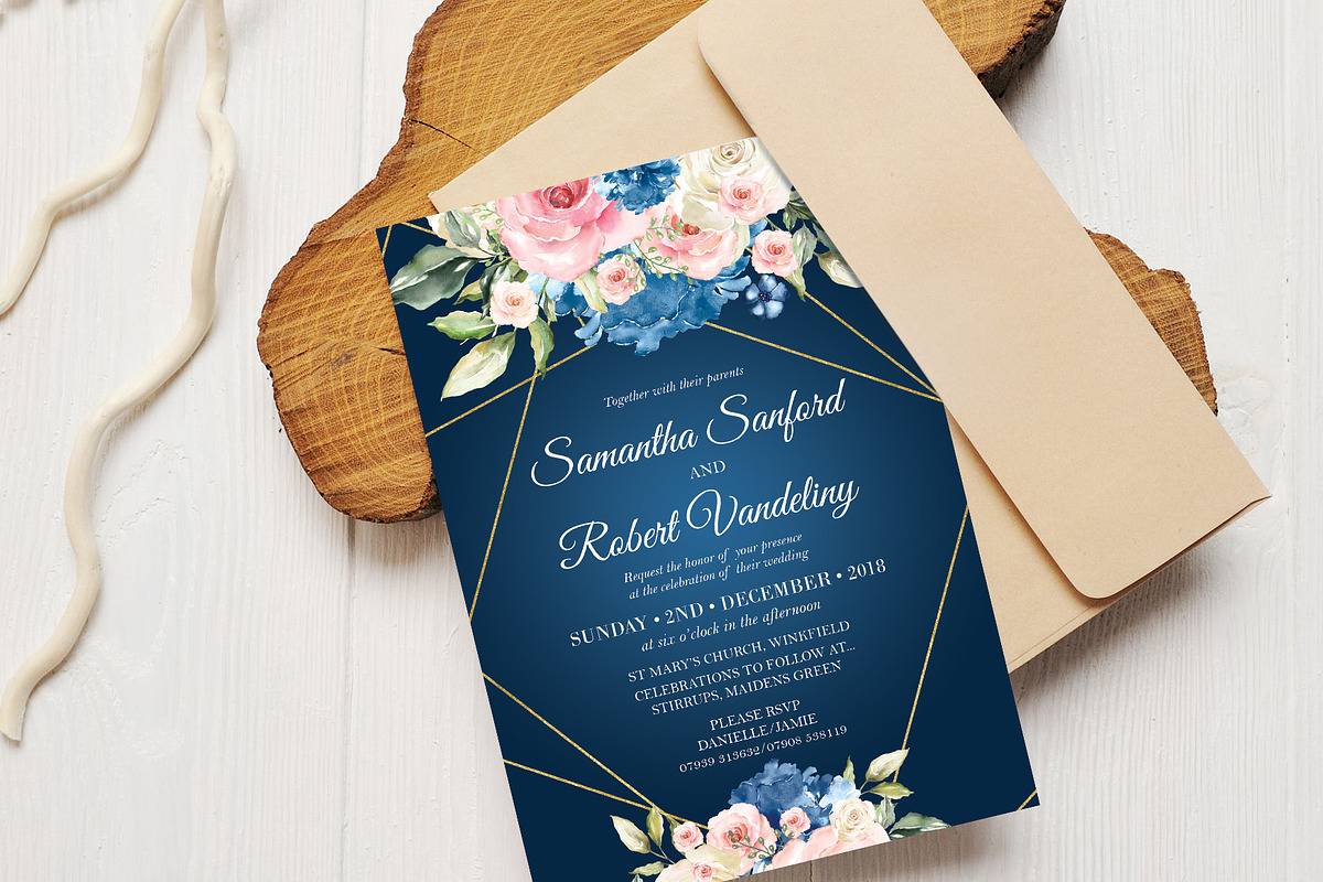 Navy and Blush Pink Roses Wedding, an Invitation Template by DreamsClipArt (Photo 1 of 3)